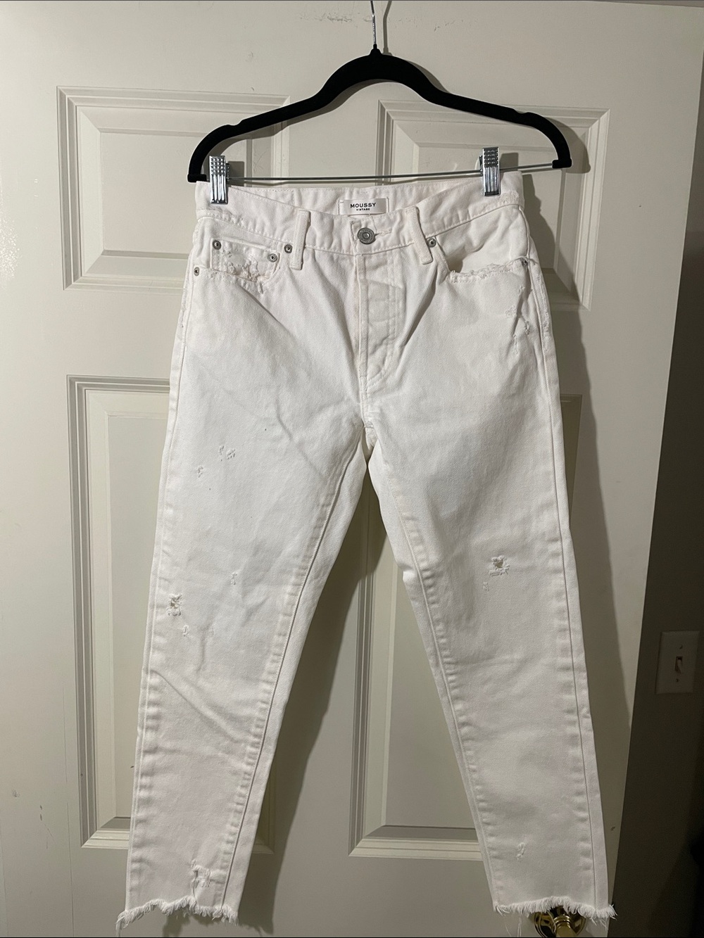 Moussy White Straight Leg Distressed Jeans
